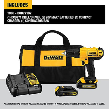 DEWALT 20V Max Cordless Drill / Driver Kit, Compact, 1/2-Inch with Titanium Drill Bit Set, Pilot Point, 21-Piece (DCD771C2 & DW1361)