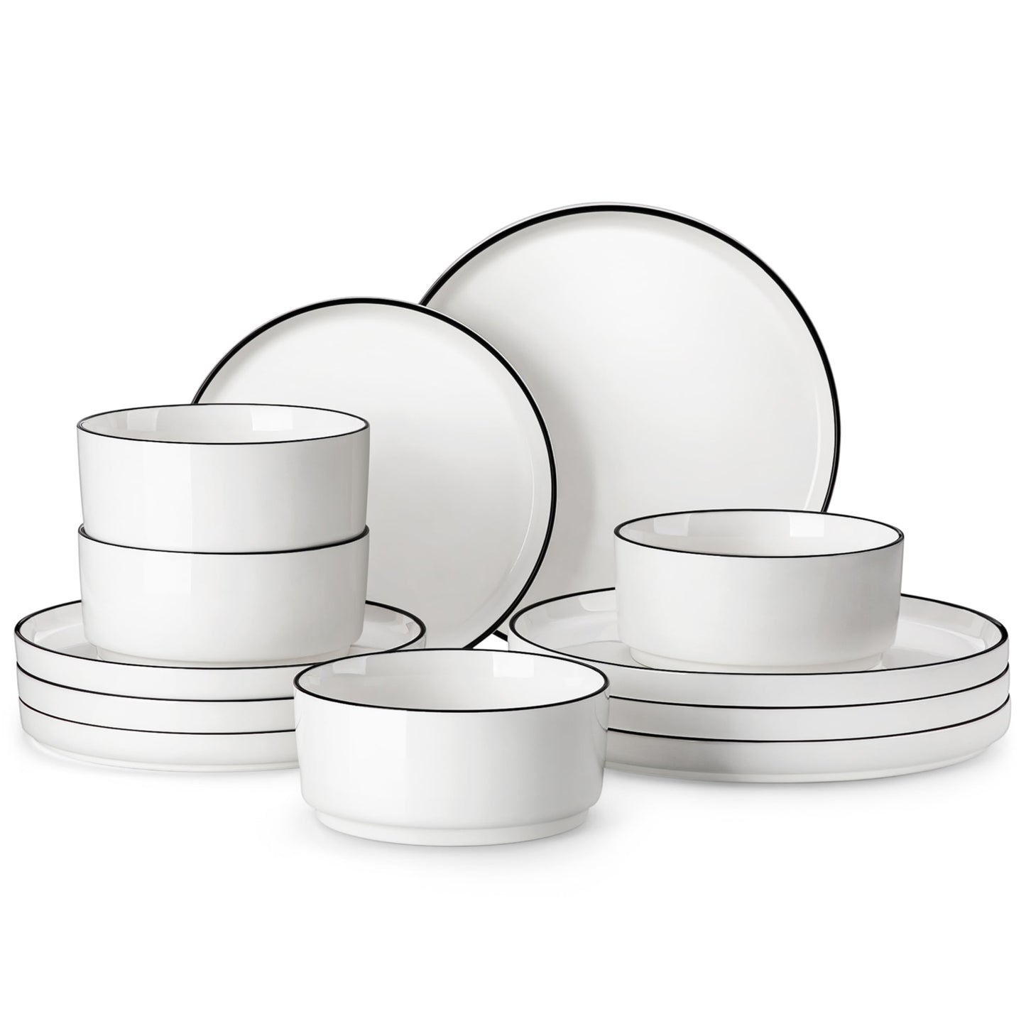 MALACASA 12 Pieces Porcelain Dinnerware Set, Dish Set for 4, Premium Plates and Bowls Sets, Chip and Scratch Resistant Dishware Sets Kitchen Dishes Dining Ware Set, White wtih Black Rim, Series LEAH