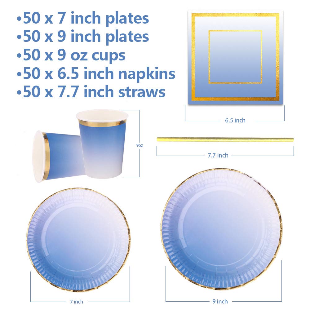 Ottin 250PCS Ombre Royal Blue Party Supplies Paper Plates and Napkins Set for Birthday Wedding Party Bridal Shower Mother's Day Blue Themed Party