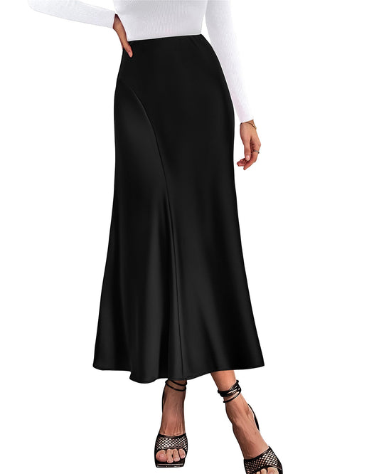 KIRUNDO Women's High Waisted Satin Midi Skirt