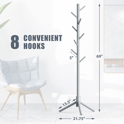 Wooden Coat Rack Stand with 8 Hooks