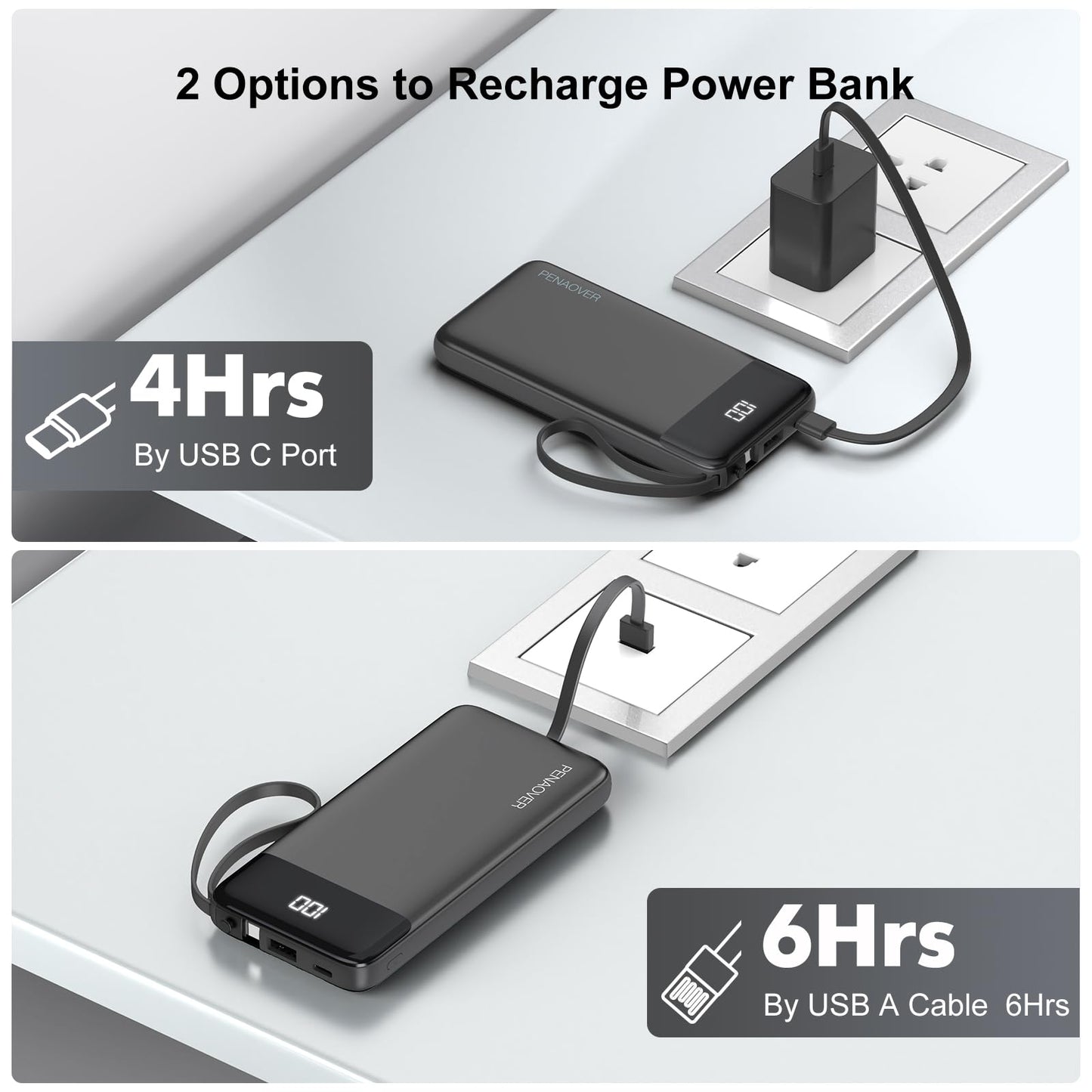 Portable 10000mAh Power Bank with Built-in Cable