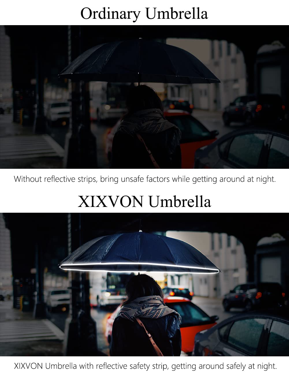 XIXVON Umbrella Pro (10 Ribs, Black) | UPF 50+ 99% UV Protection, Reflective Safety Strip, Sturdy Windproof, Travel Portable, Automatic | Reverse Folding Umbrella