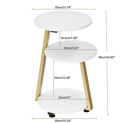 BEWISHOME Round End Table Side Table with Metal Frame, Accent Bedside Table Nightstand with 3-Tier Shelves, Small Table for Living Room Bedroom Couch Table Small Coffee Table White Gold KTZ41M