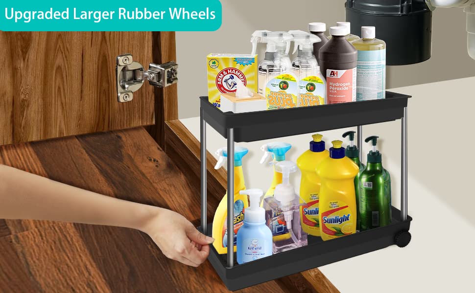[Upgrade Wheels] Durmmur 2 Packs Under Sink Organizers and Storage, Multi-Purpose 2 Tier Bathroom Organization Countertop or Undersink Shelf, Kitchen Under Cabinet Container Basket Caddy