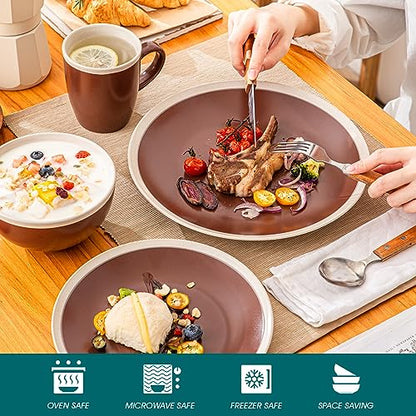 vancasso Seesami 16 Pieces Dinnerware Set Service For 4, Dark Brown and Cream Stoneware Made With Bowls Dinner Plates Dessert Plates and Mugs