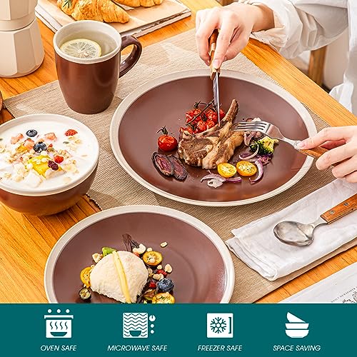 vancasso Seesami 16 Pieces Dinnerware Set Service For 4, Dark Brown and Cream Stoneware Made With Bowls Dinner Plates Dessert Plates and Mugs