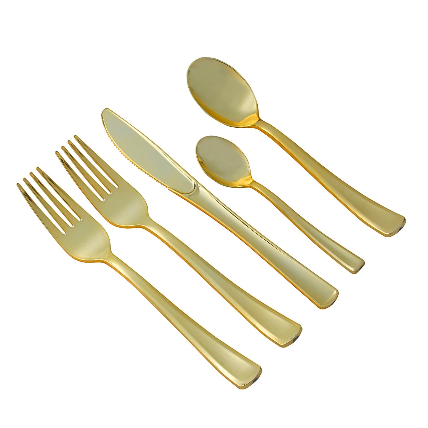 250 piece gold plastic silverware set includes: 100 gold forks 50 gold knives 50 gold spoons and 50 gold mini spoons By: Select Settings