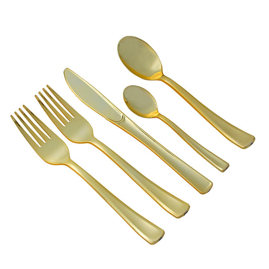 250 piece gold plastic silverware set includes: 100 gold forks 50 gold knives 50 gold spoons and 50 gold mini spoons By: Select Settings