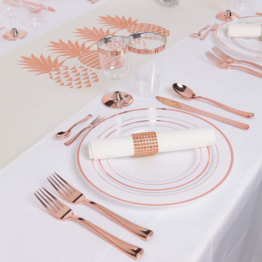 WDF-125PCS Rose Gold Plastic Silverware&Disposable Plastic Plates - Plastic Plates include 25 Dinner Plates,25 Salad Plates,25 Forks, 25 Knives, 25 Spoons for Wedding, Party, Mother's Day
