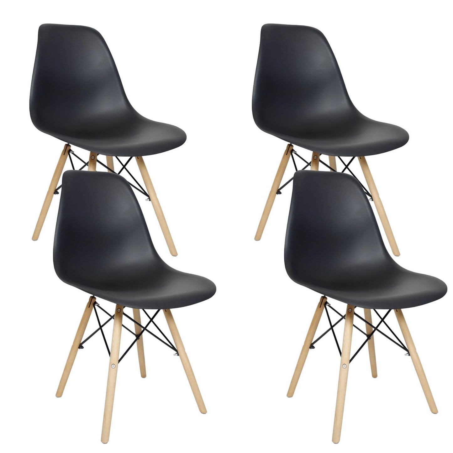 BUY IN WEB Modern Dining Chair Set of 4, DSW Plastic Shell Chair with Wooden Legs, Chairs for Dining Table, Kitchen, Bedroom, Side Chairs for Living Room - Black