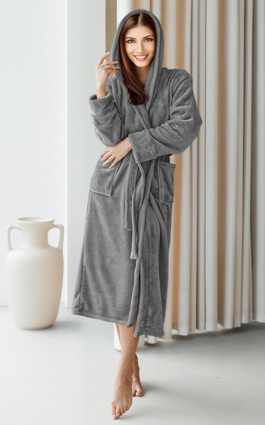 NY Threads Women's Fleece Hooded Bathrobe Plush Long Spa Robe, Medium, Steel Grey