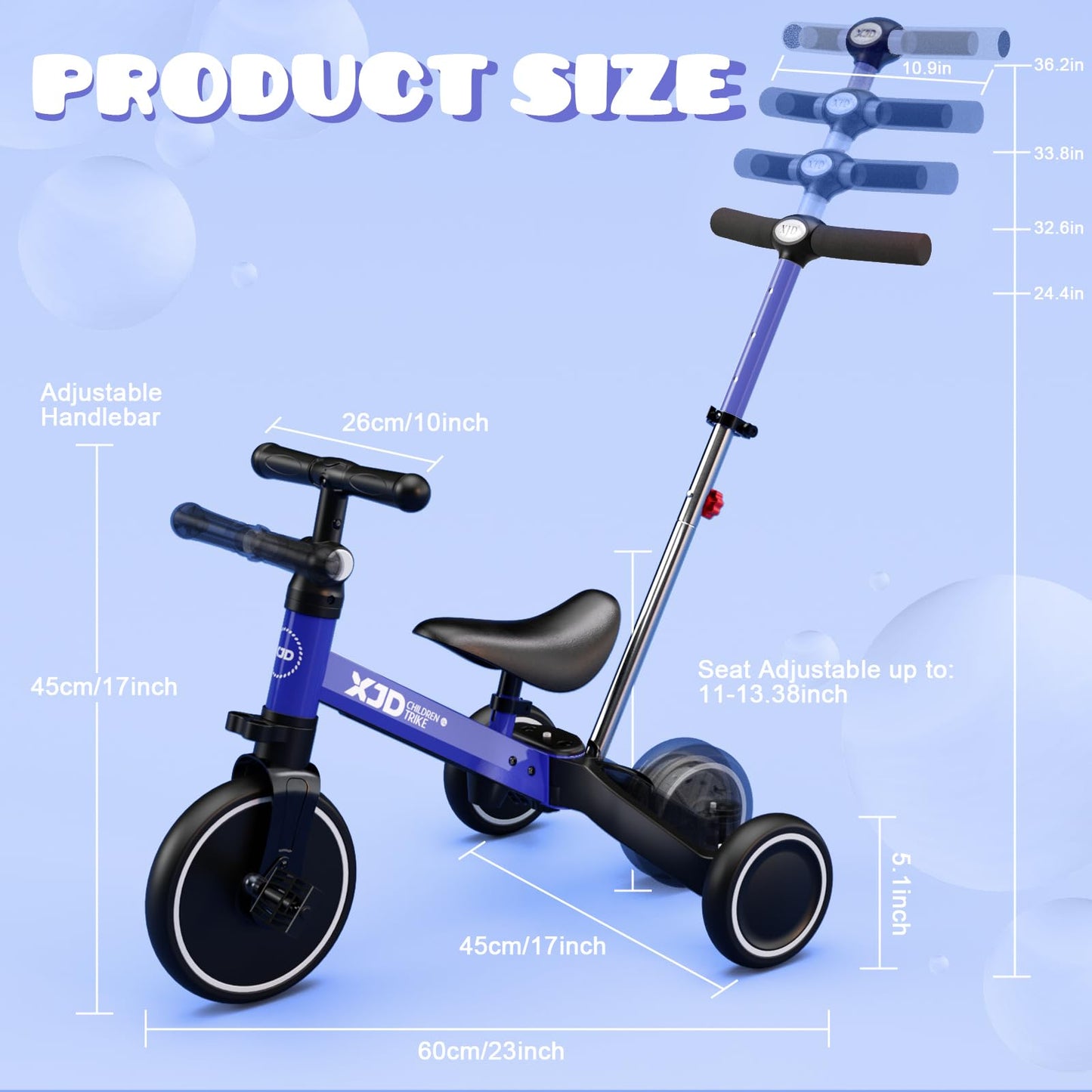 XJD 7-in-1 Toddler Tricycle with Push Handle