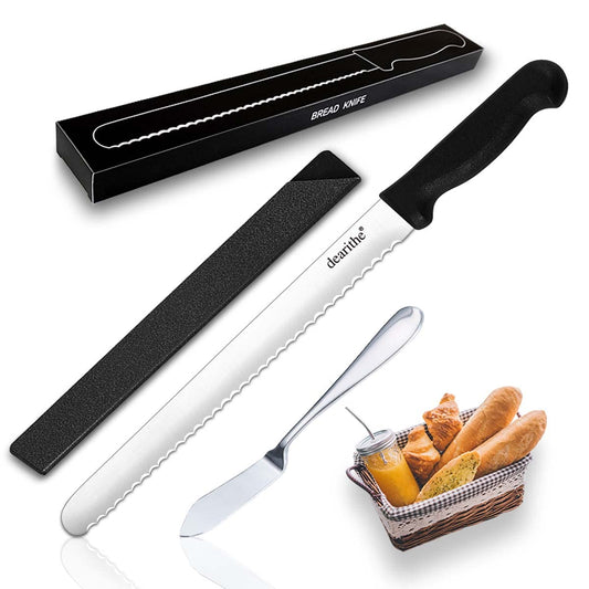 dearithe Serrated Bread Knife with Sheath, Plus a Free 304 Butter Knife,10 inch Black Stainless Steel Sharp Wavy Edge Wide Bread Cutter, For Homemade Bread, Bagels, Cake. Dishwasher Safe