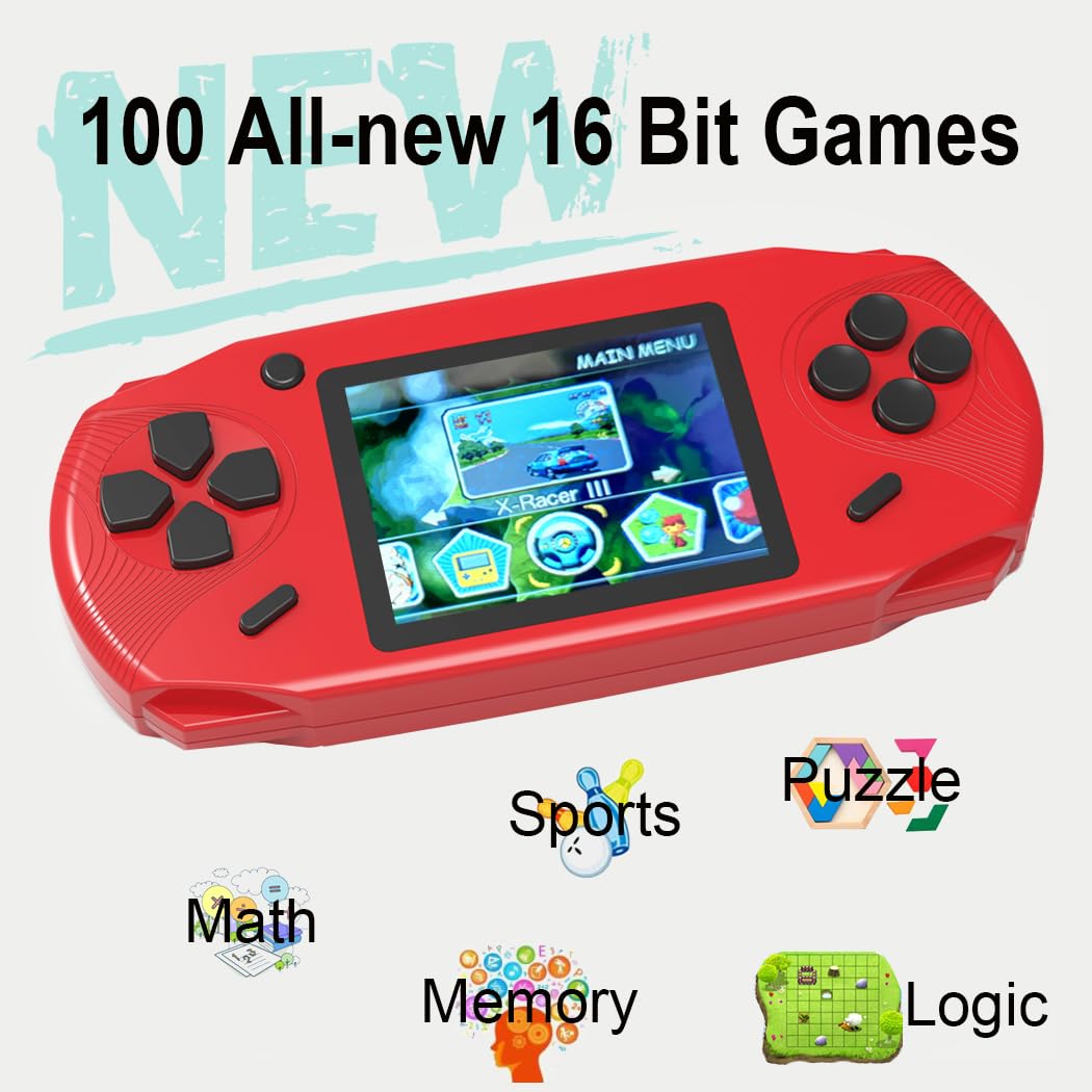 Beijue 16 Bit Handheld Games for Kids Adults 3.0'' Large Screen Preloaded 100 HD Classic Retro Video Games USB Rechargeable Seniors Electronic Game Player Birthday Xmas Present (Red)