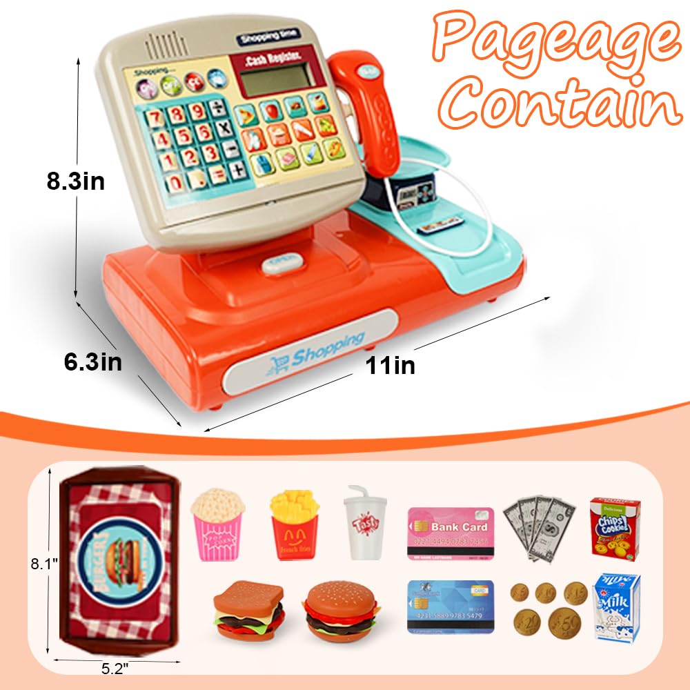 XINGYING Toy Cash Register for Kids, Pretend Play Store w/ Sounds & Real Calculator & Simulate Weighter, Kids Cash Register with Scanner and Credit Card Play Food Money for Boys Girls Ages 3 4 5 6 7+