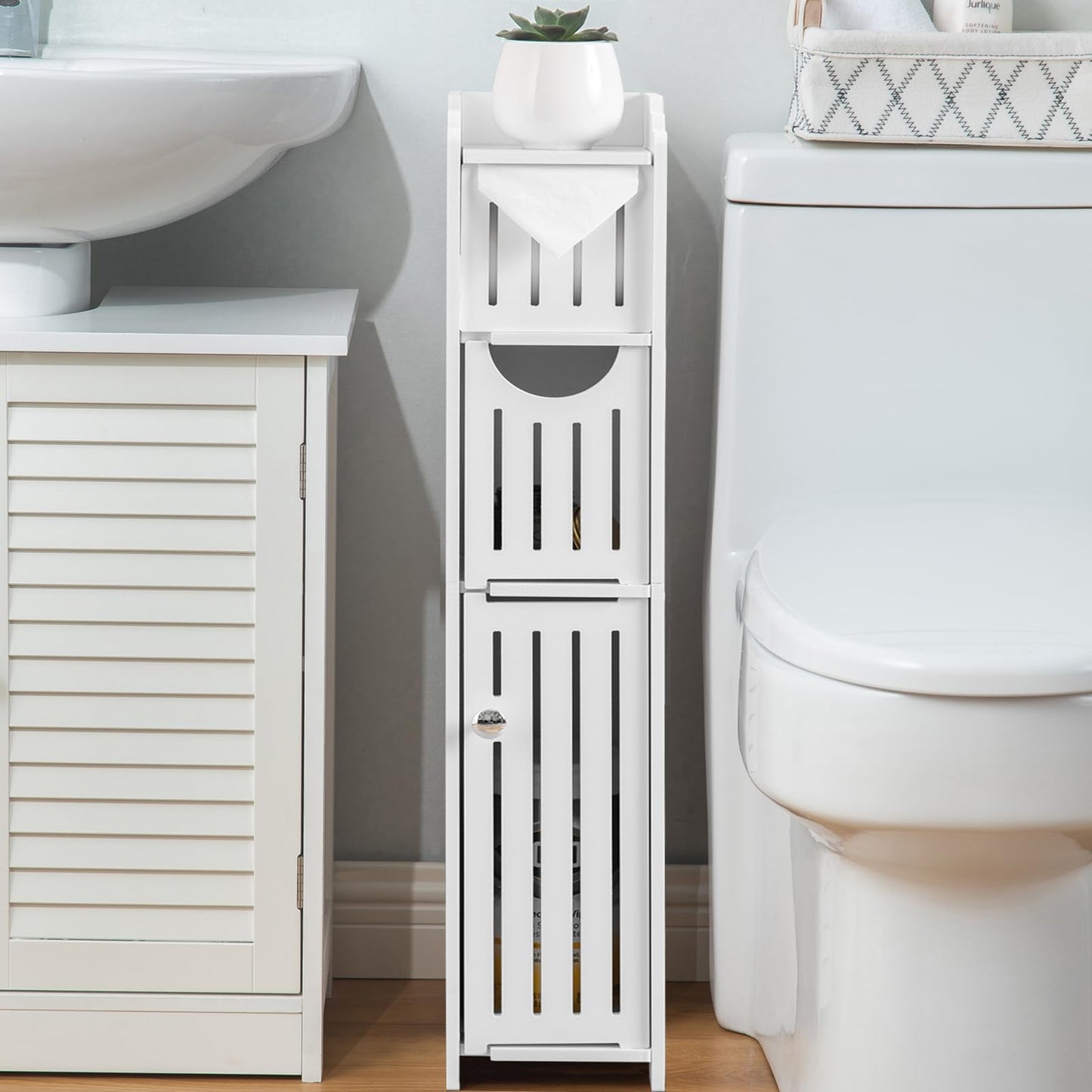 AOJEZOR Bathroom Storage Cabinet: Small Bathroom Storage Cabinet - Toilet Paper Cabinet Fit for Mega Roll - White