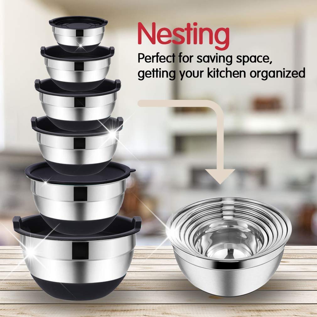 Mixing Bowls Set with Airtight Lids, 20PCS Stainless Steel, Nesting Bowls with 3 Grater Attachments & Non-Slip Bottoms, Size7, 4, 3, 2, 1.5, 1QT Bowls for Baking&Prepping