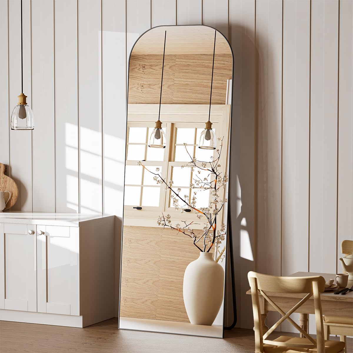 Koonmi Full Length Mirror, 56"x21" Mirror Full Length with Stand, Black Wall Full Body Mirror, Rounded Top Floor Mirror with Aluminum Alloy Frame for Bedroom Living Room