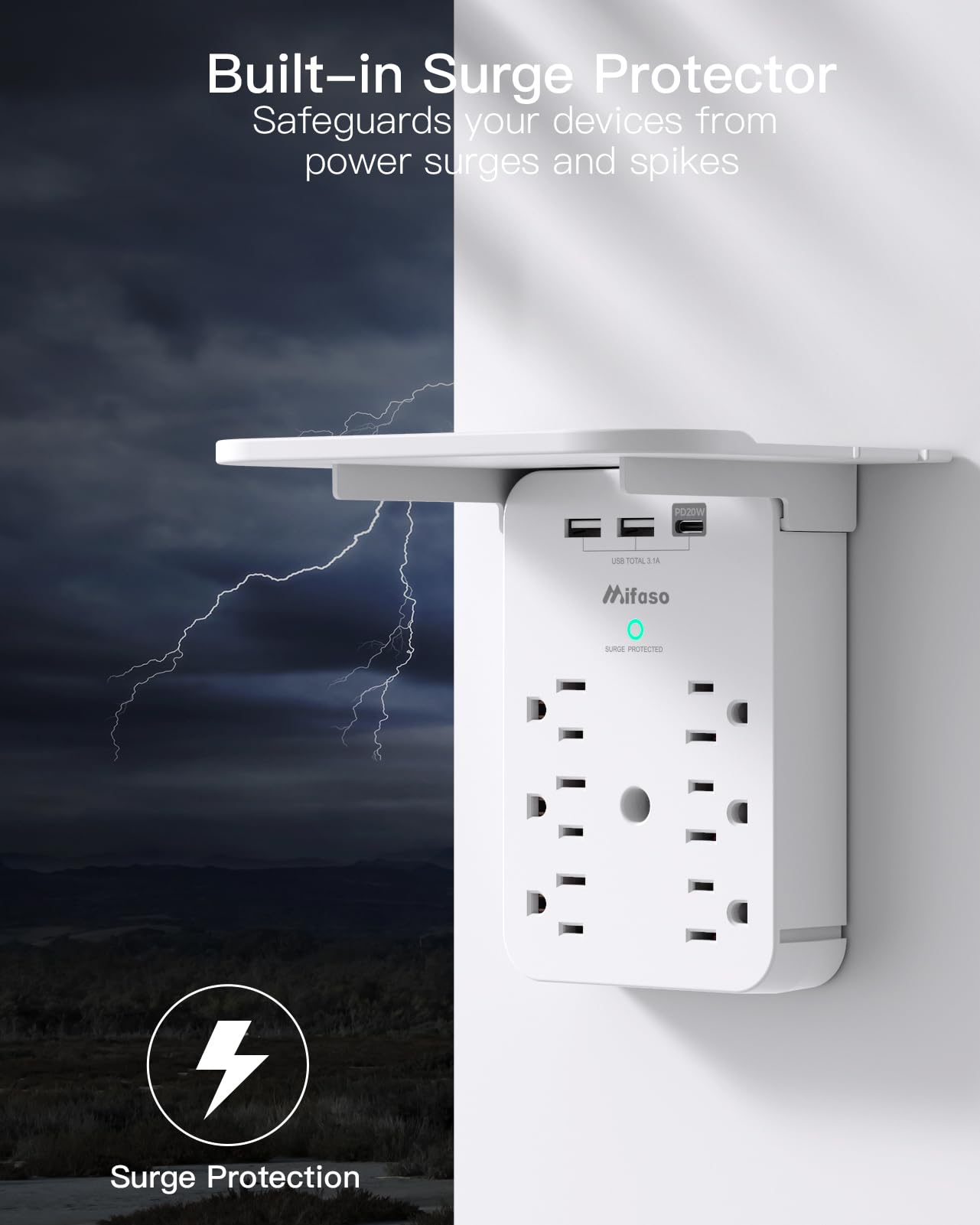Wall Outlet Extender with USB-C and Surge Protection