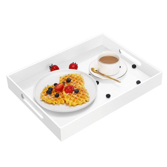 Cilinta Acrylic Serving Trays with Handles, 16"x 12" Rectangle Sturdy Breakfast Trays, White Decorative Trays Organiser for Bedroom, Kitchen, Living Room, Bathroom, Hospital and Outdoors