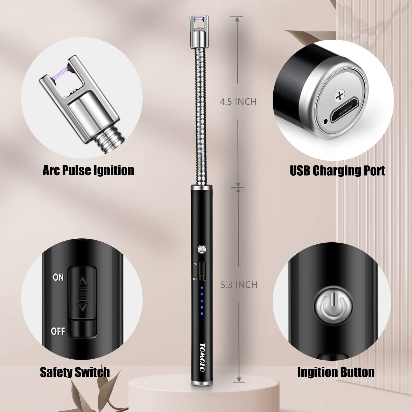 TOMOLO Rechargeable Electric Candle Lighter with Flexible Neck