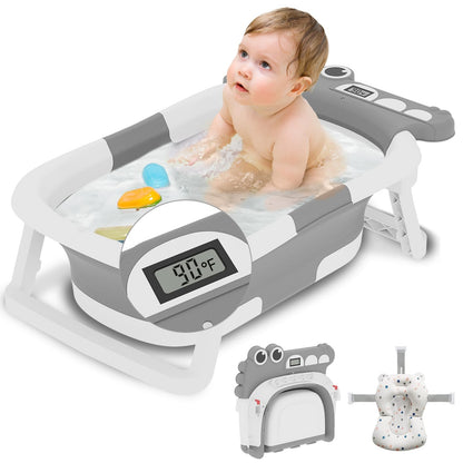 Collapsible Baby Bathtub, Baby Bath Tub with Soft Cushion & Thermometer, Alligator Baby Bathtub with Detachable Feet, Durable Infant Bathtub Applicable 0-24 Month, Gray