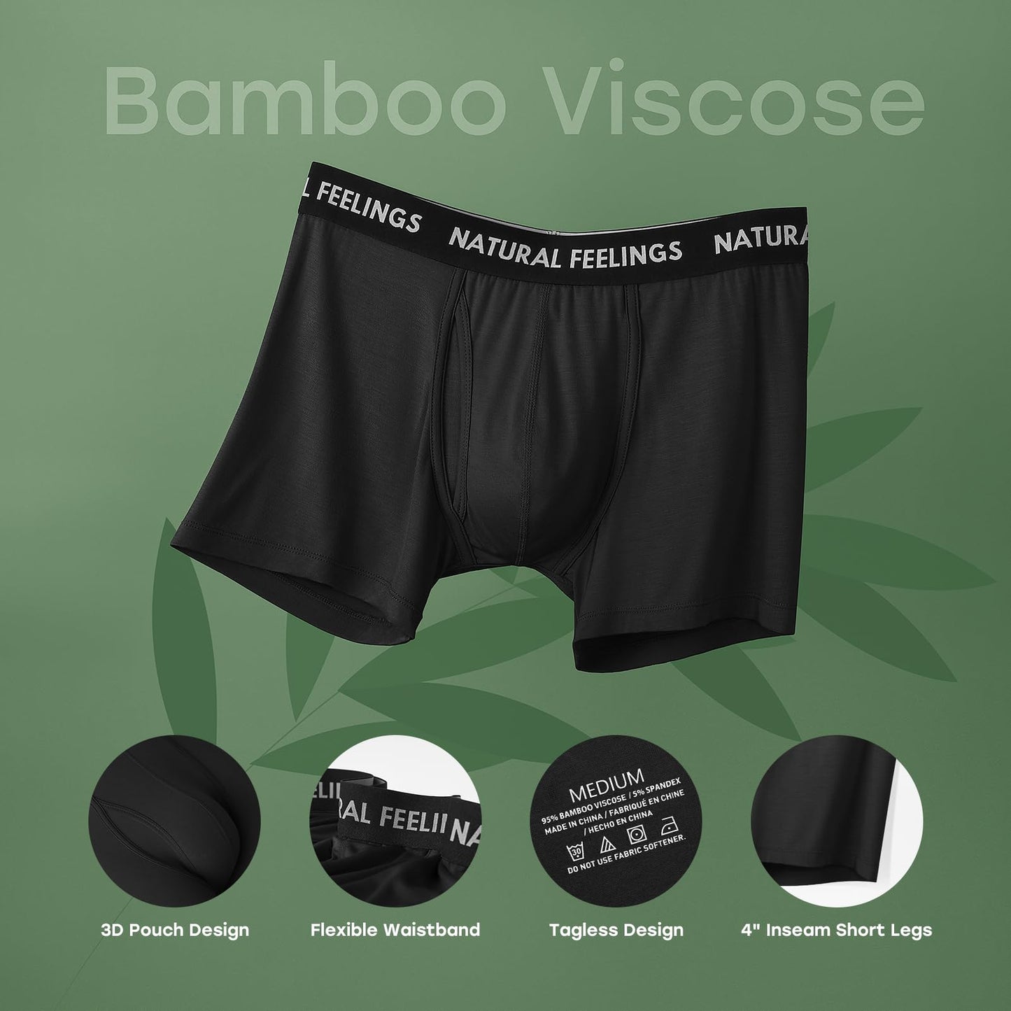 Natural Feelings Mens Underwear Bamboo Viscose Boxer Briefs Comfy Breathable Underwear for Men with Open Fly 5-Pack M