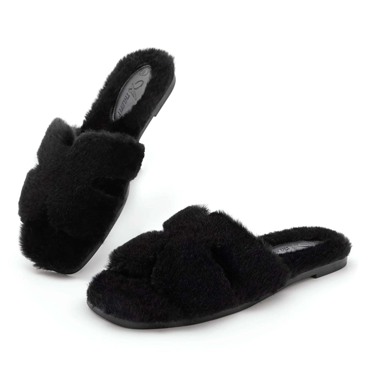 Athlefit Women's Fuzzy Slippers Cute Comfy Fluffy Open Toe Slip-on House Slide Slippers for Indoor Bedroom Bridesmaid, Black, Size 8.5, AD01354