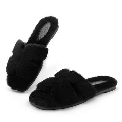 Athlefit Women's Fuzzy Slippers Cute Comfy Fluffy Open Toe Slip-on House Slide Slippers for Indoor Bedroom Bridesmaid, Black, Size 8.5, AD01354