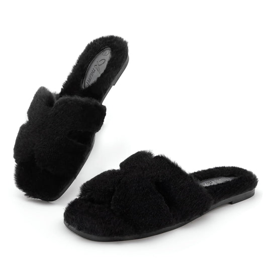 Athlefit Women's Fuzzy Slippers Cute Comfy Fluffy Open Toe Slip-on House Slide Slippers for Indoor Bedroom Bridesmaid, Black, Size 8.5, AD01354