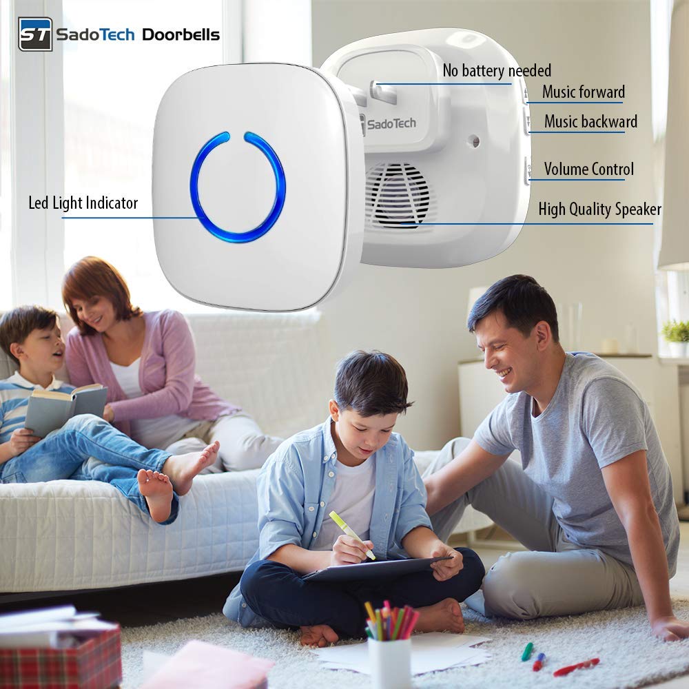 Wireless Doorbell by SadoTech – Waterproof Door Bells & Chimes Wireless Kit, 1000-ft Range,52 Door Bell Chimes, 4 Volume Levels with LED, Wireless Doorbells w/ 2 Receiver & 2 Button, Crosspoint, White