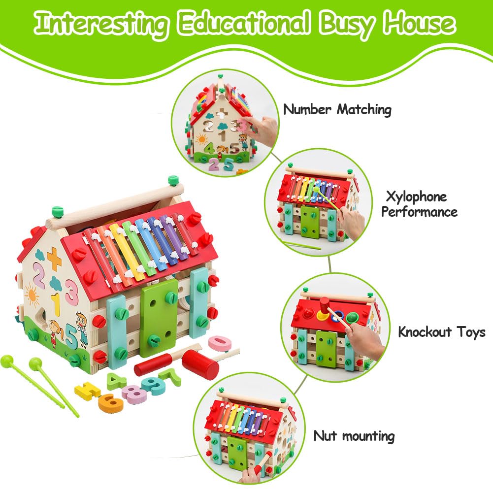 Aozzy Montessori Busy House Toy, 6 in 1 Wooden Activity Cube for Toddlers 1-3 with Xylophone Digital Screws, Sensory Toys for Toddler, Fine Motor Skills, Birthday Gift for Toddler