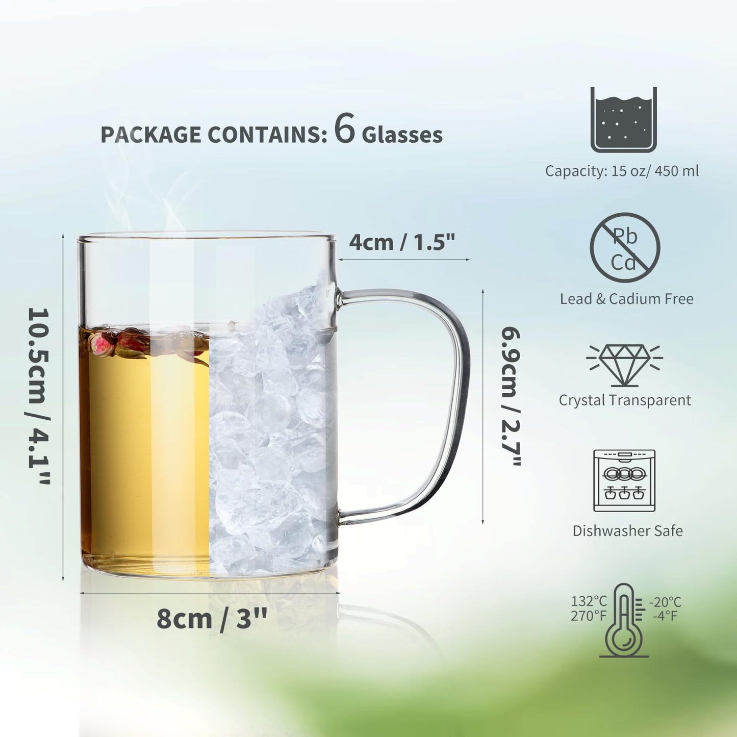 HORLIMER 15 oz Glass Coffee Mugs Set of 6, Clear Coffee Cup with Handle for Tea Cappuccino Latte Milk Juice Hot and Cold Beverages