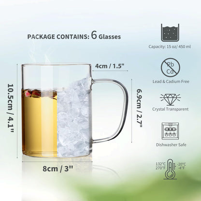HORLIMER 15 oz Glass Coffee Mugs Set of 6, Clear Coffee Cup with Handle for Tea Cappuccino Latte Milk Juice Hot and Cold Beverages
