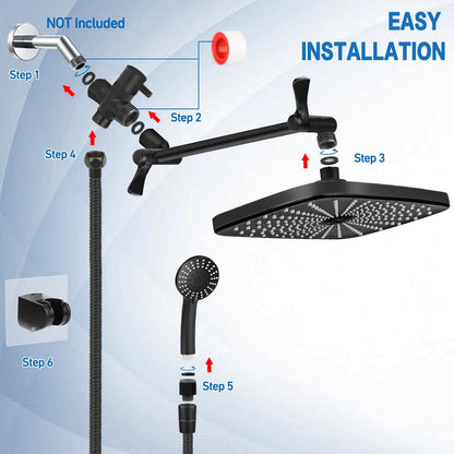 Shower Head 12 Inch, High Pressure Rainfall Shower Head/Handheld Shower Combo with Extension Arm, 6 Settings Anti-leak Shower Head with Holder, Hose, Height Adjustable Dual Shower Head, Matte Black