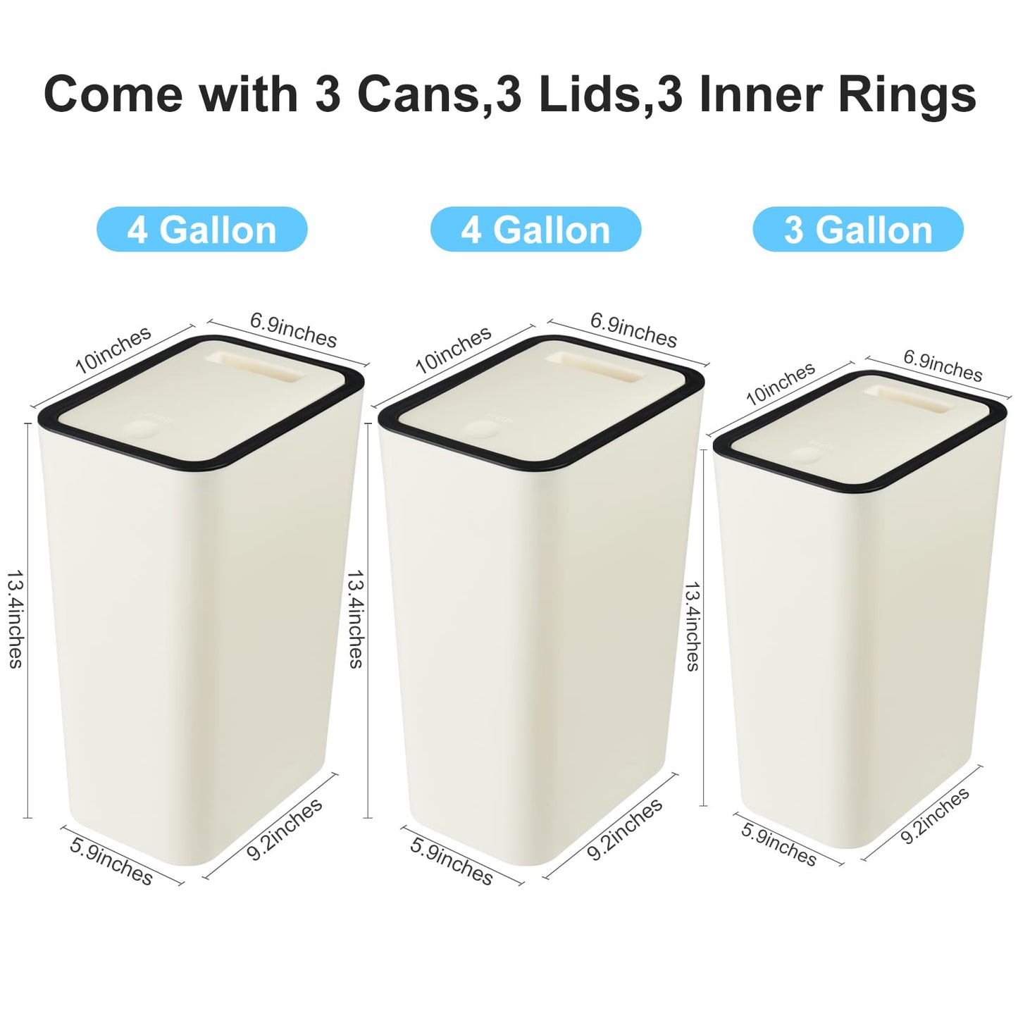 Anzoymx Bathroom Trash Cans with Lids - 3 Pack Kitchen Garbage Can 4 Gallons 2 PCS and 3 Gallons 1 PC with Pop Up Lid,Small Narrow Waste Basket for Bedroom Living Room and Office(3 Pack,Yellow)