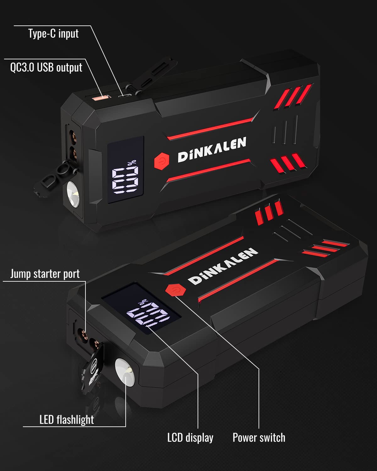 Portable 3000A Car Jump Starter with LED Lights