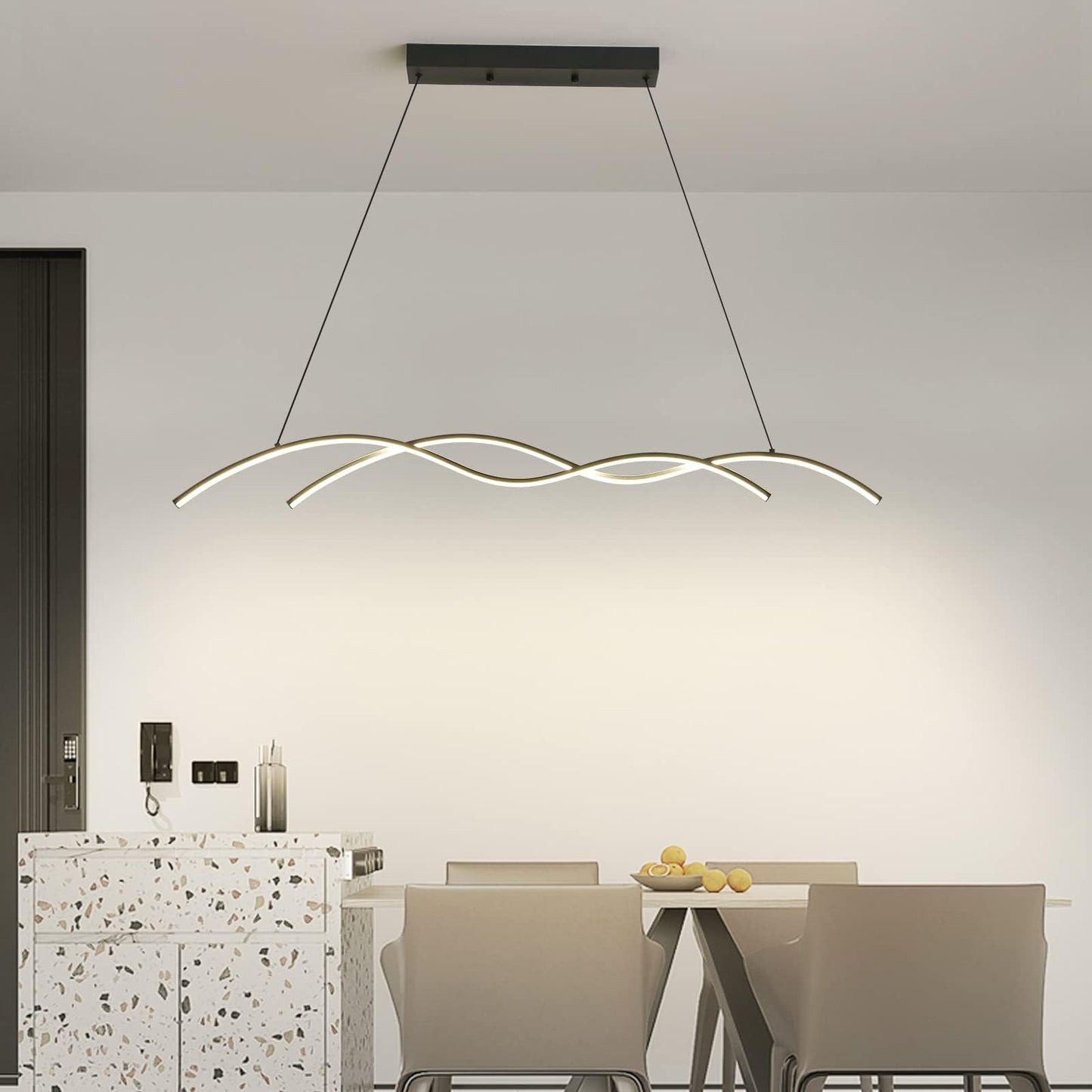 Modern Chandelier, Wave Pendant Light Fixtures Hanging, LED Color Temperature and Height Adjustable Chandeliers for Dining Room, Living Room, Bedroom, Kitchen, Island 47IN