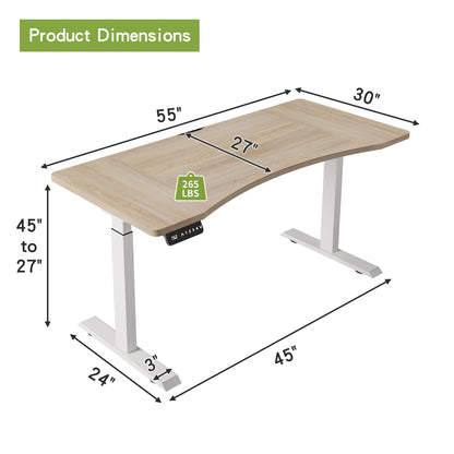 Radlove Dual Motors Height Adjustable 55 x 30'' Electric Standing Desk with Curved Design Stand Up Table 4 Memory Keys, Computer Desk with Splice Board Home Office Desk, Oak Top + White Frame