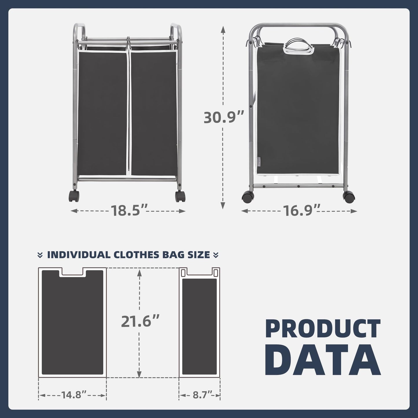 STO STO Laundry Sorter 2 Section, 2 Bag Laundry Hamper, Rolling Laundry Cart, Laundry Basket with Heavy Duty Lockable Wheels and Removable Bag for Clothes Storage, Black