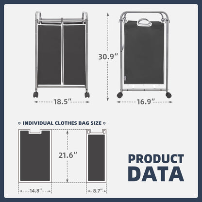 STO STO Laundry Sorter 2 Section, 2 Bag Laundry Hamper, Rolling Laundry Cart, Laundry Basket with Heavy Duty Lockable Wheels and Removable Bag for Clothes Storage, Black