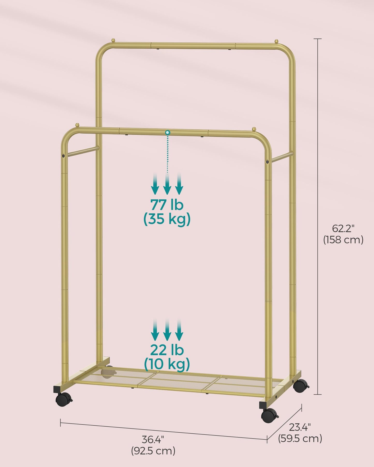 SONGMICS Double Rods Clothes Rack with Wheels, Clothing Rack for Hanging Clothes, Heavy Duty Garment Rack with Mesh Storage Shelf, 2 Brakes, Each Top Rail Holds up to 77 lb, Gold UHSR026A01