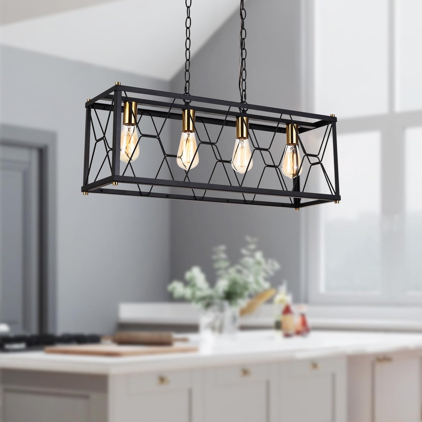 Luburs Rectangle Chandeliers for Dining Room, Black Farmhouse Dining Room Light Fixture, 4-Lights Kitchen Island Light, Modern Industrial Rustic Island Lights for Dining Room, Kitchen Island