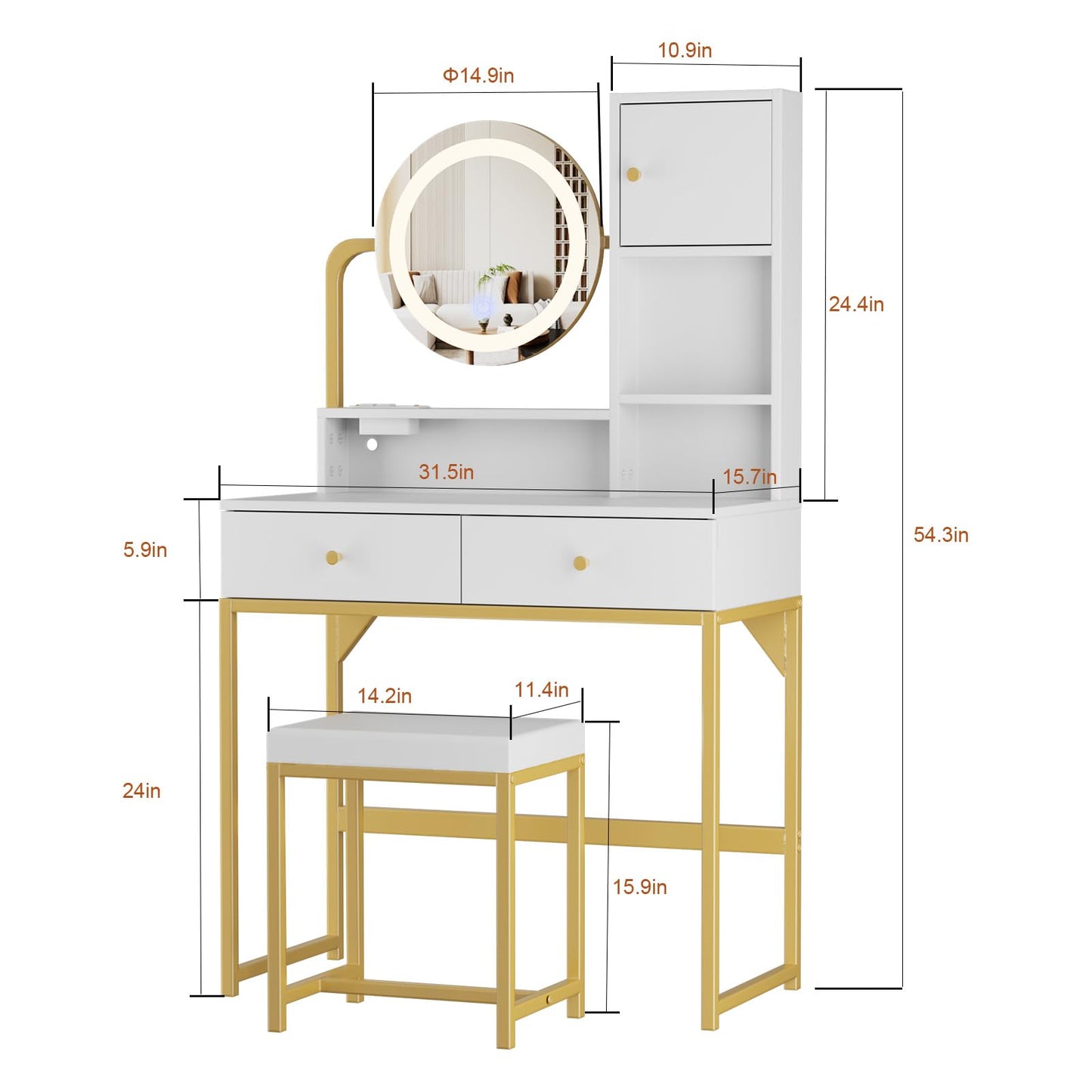 Viplive White Vanity Desk with Lighted Mirror, Makeup Vanity with Jewelry Cabinet & Power Outlet, Small Vanity Desk with 3 Color Lights for Girl Women, White Vanity Set with Stool for Bedroom