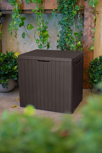 Keter City 30 Gallon Resin Deck Box for Patio Furniture, Pool Accessories, and Storage for Outdoor Toys, Brown