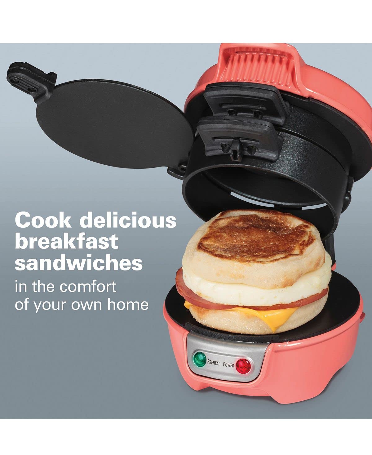Hamilton Beach Breakfast Sandwich Maker with Egg Cooker Ring, Customize Ingredients, Perfect for English Muffins, Croissants, Mini Waffles, Perfect White Elephant Gifts, Coral (25483)