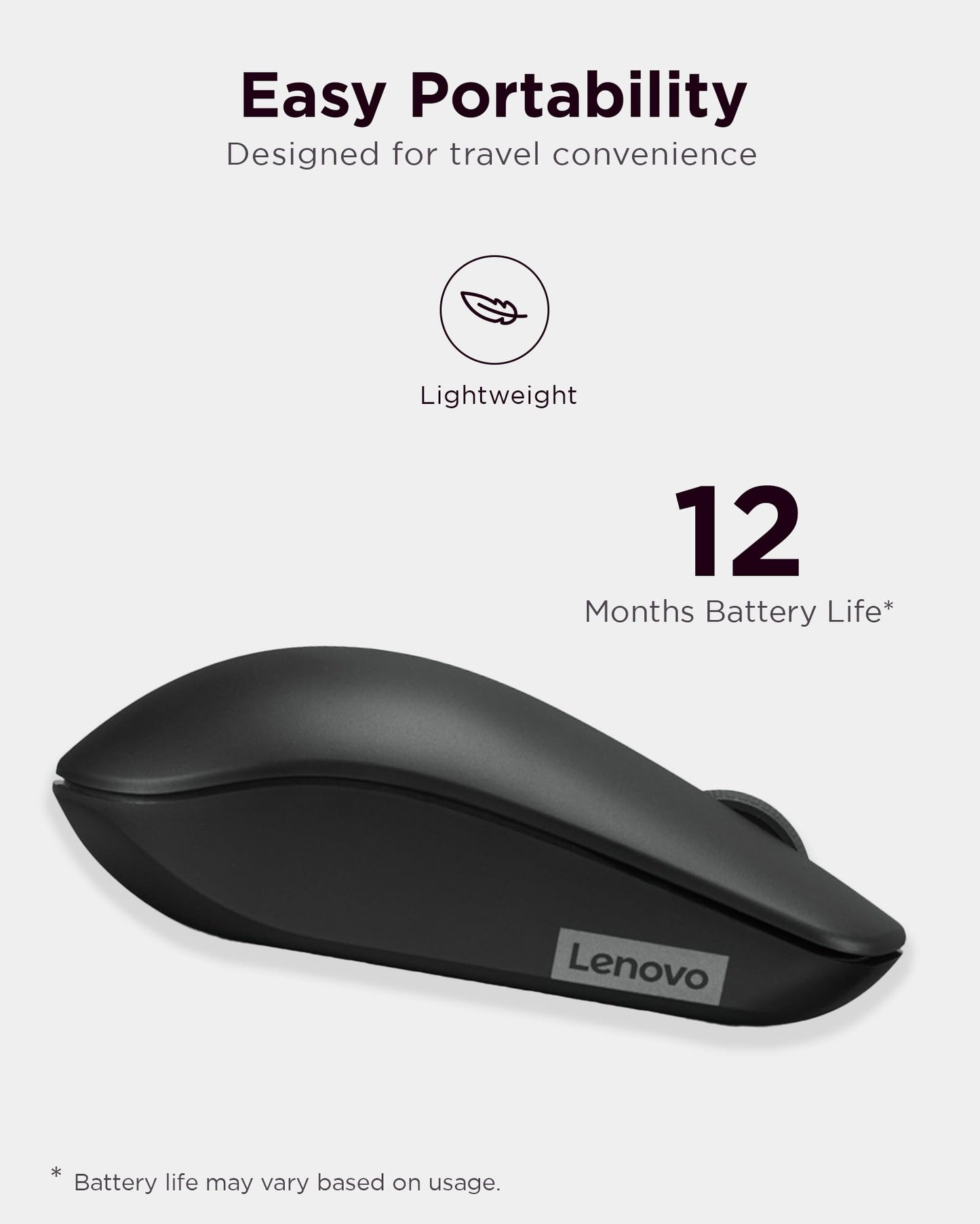 Lenovo 530 Wireless Mouse – Full Size Computer Mouse for PC, Laptop, Windows Computer - 2.4 GHz Nano USB Receiver - Ambidextrous Design - 12 Months Battery Life – Cordless