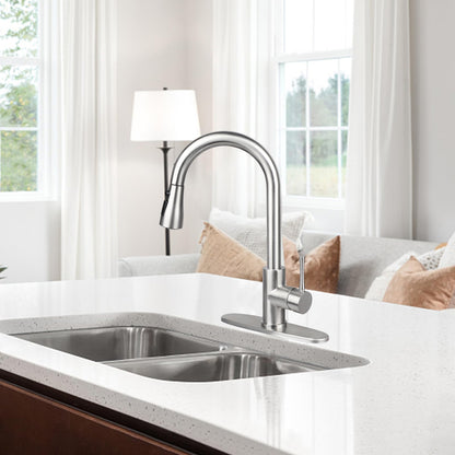 KANONEY Single Handle High Arc Pull Out Kitchen Faucet, Stainless Steel Commercial Modern Kitchen Sink Faucets with Pull Down Sprayer & 10” Deck Plate for Bar Laundry RV Utility Sink