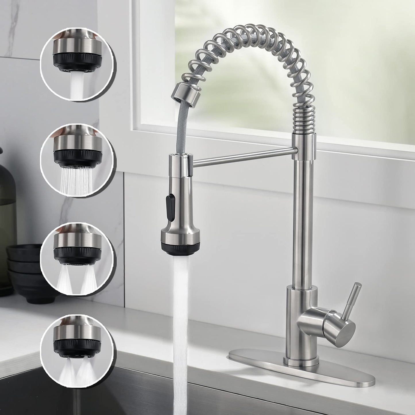 Rainovo Kitchen Faucet Brushed Nickel with 4 Mode Pull Down Sprayer, Kitchen Spring Faucet Stainless Steel with Duo-aquablade Function, Single Handle faucets High Arc Modern with Pull Out Sprayer